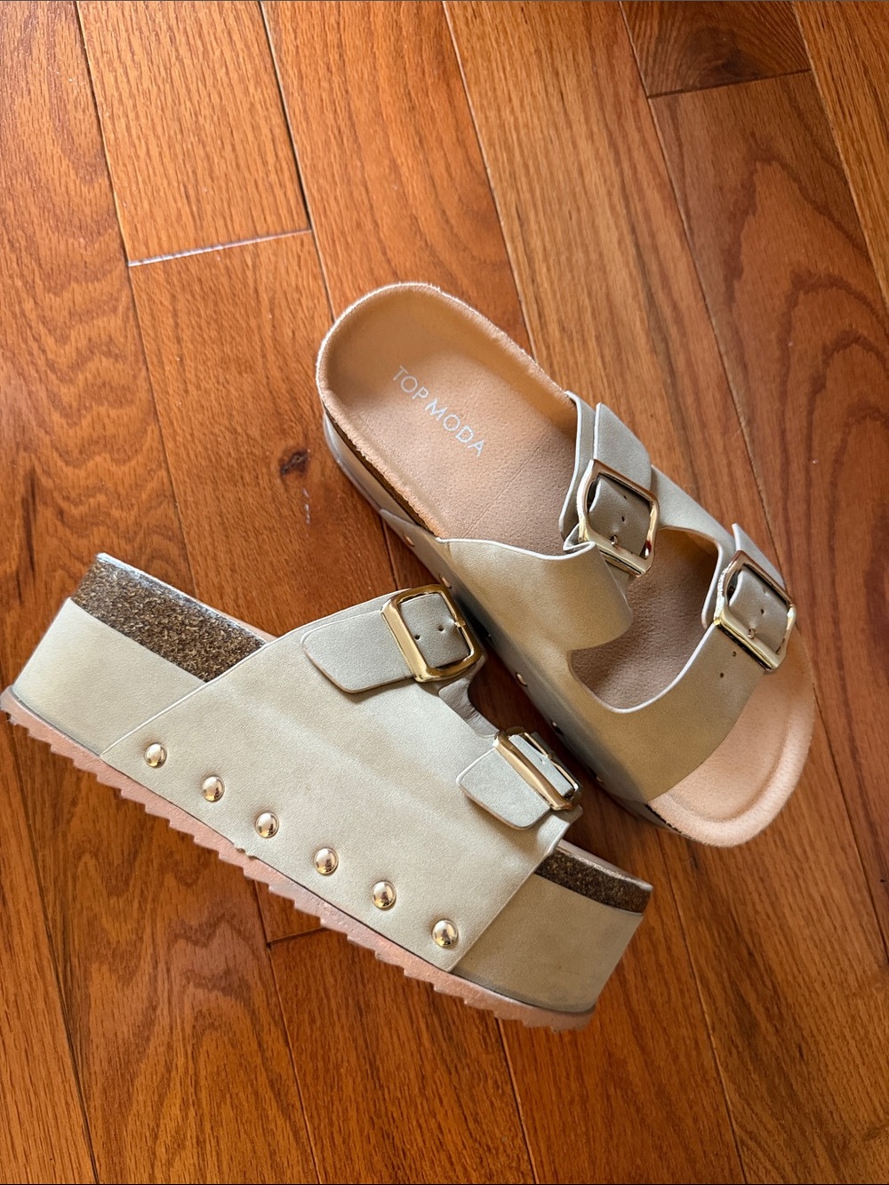 TOP Moda Beige Platform Sandals with Gold Buckles